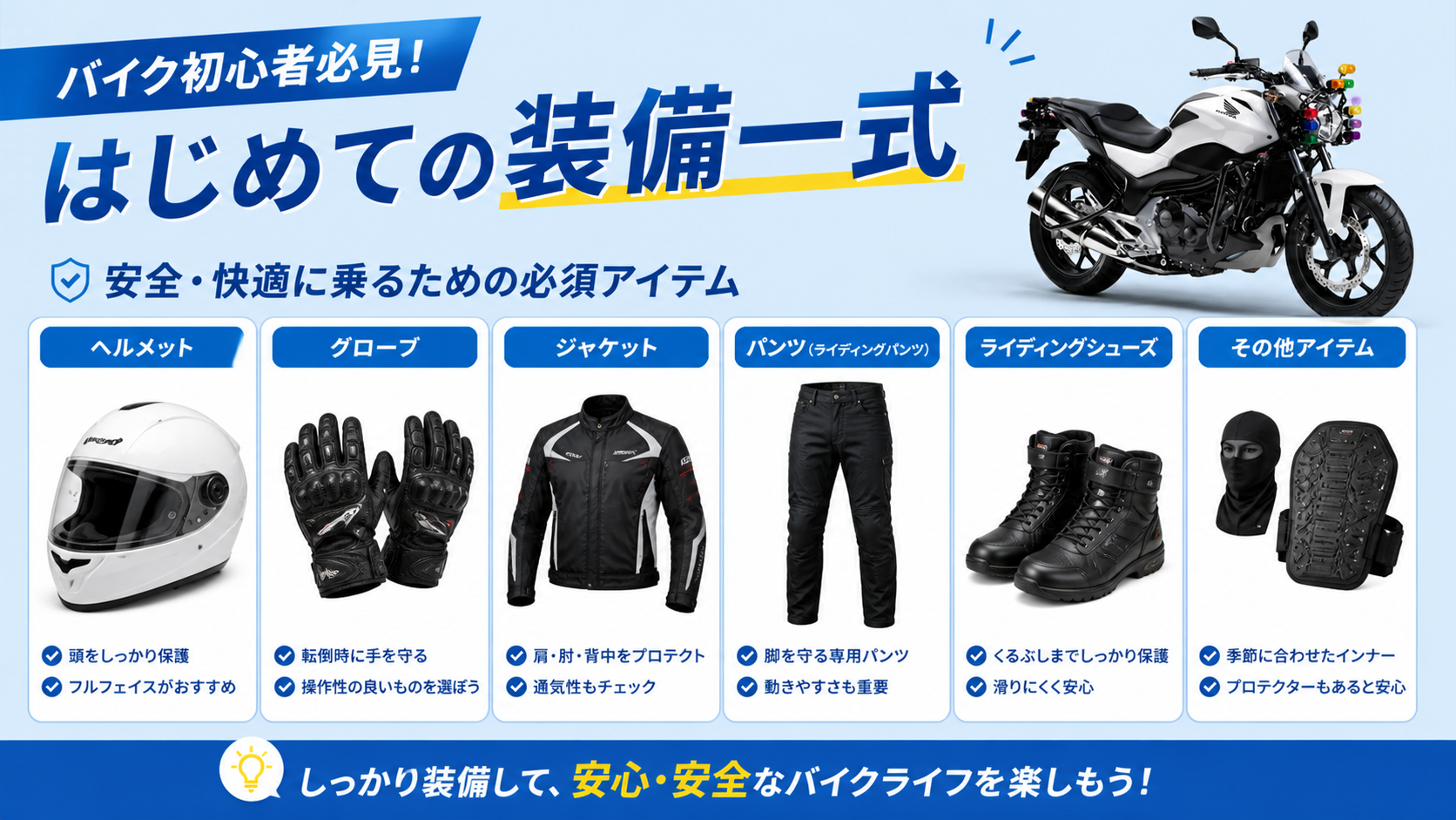 バイク初心者に必要な装備一式のイメージ画像